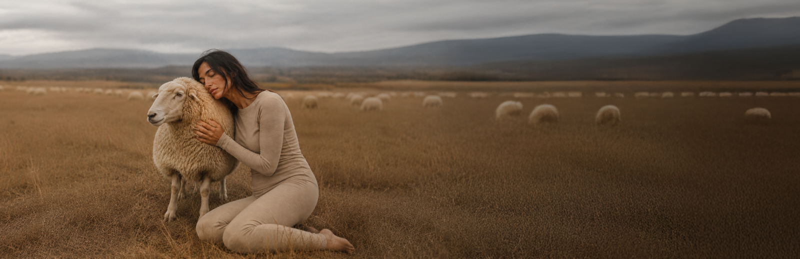 A woman in a beige base layer set kneeling in a field of dry grass, resting her head affectionately on a sheep with a flock grazing in the distant background under an overcast sky.