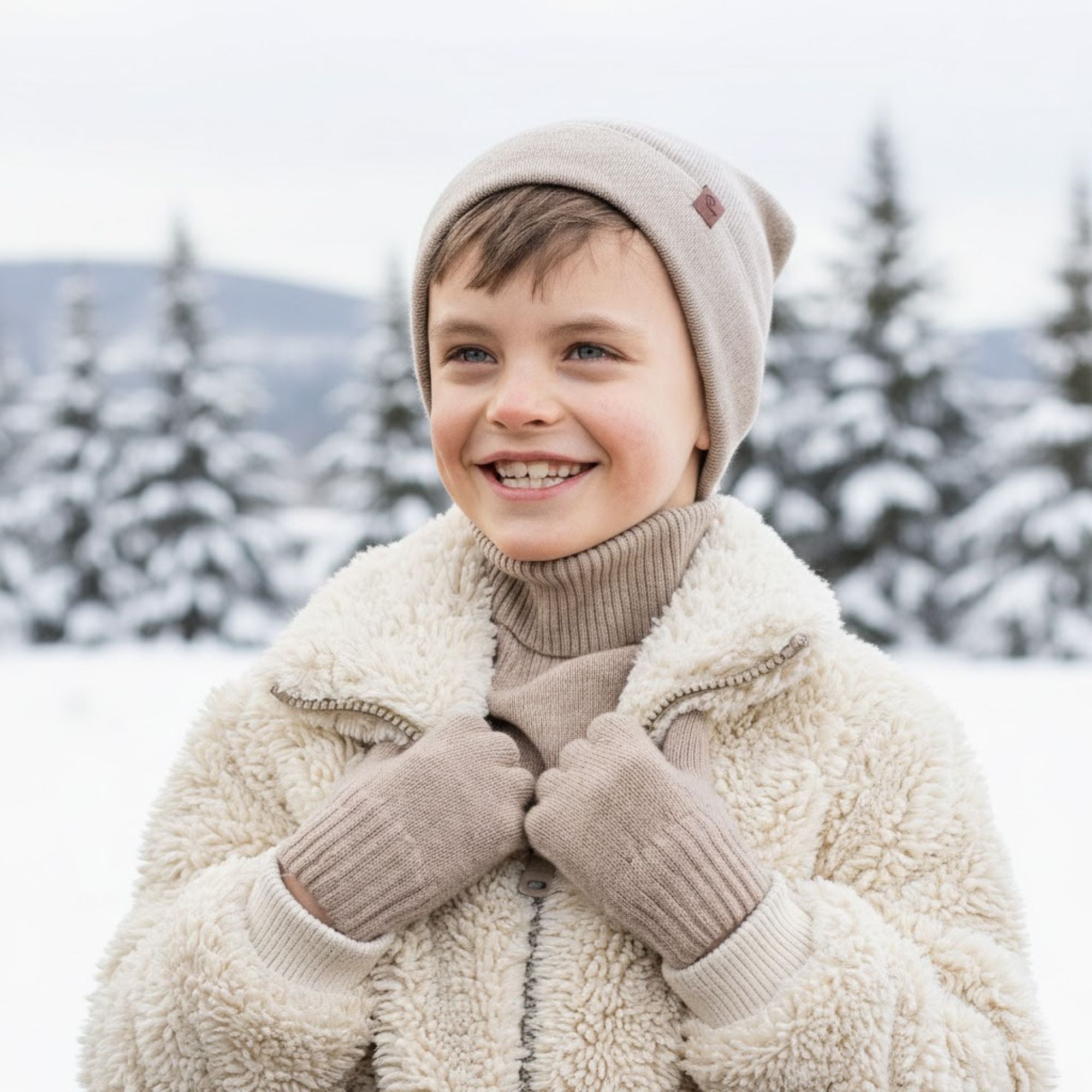 Child wearing a beige coat, hat, and gloves in a snowy landscape with trees.