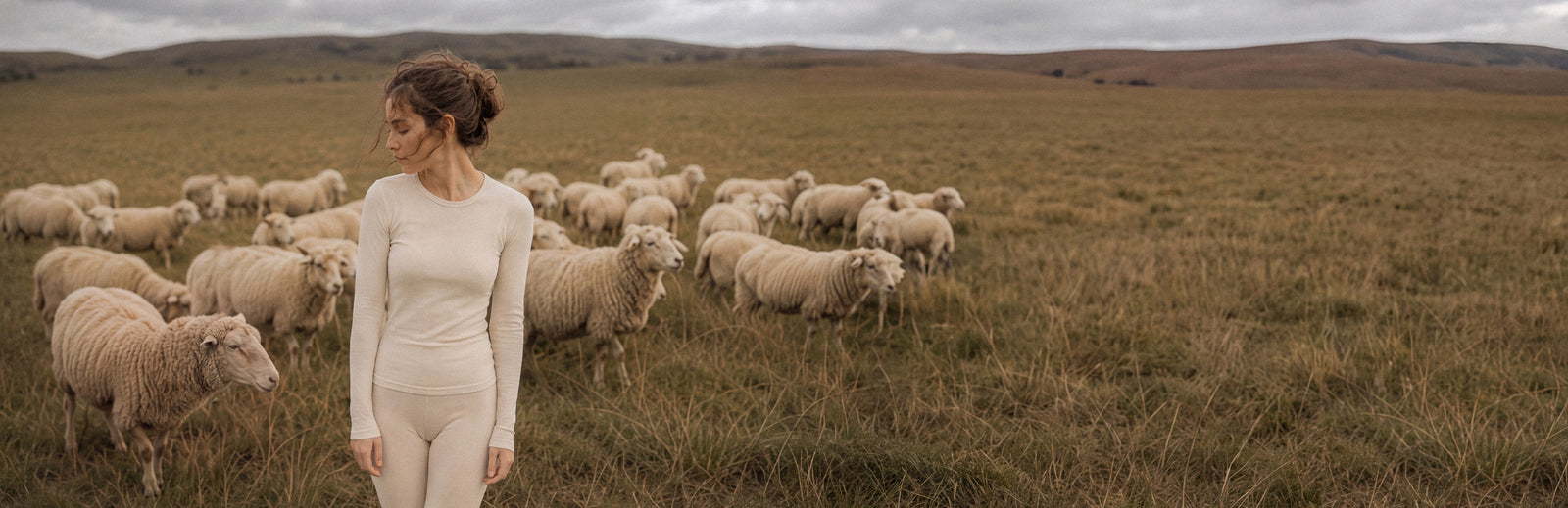 A woman in a fitted cream long-sleeve top and matching cream pants stands in a grassy field with a herd of sheep under an overcast sky.