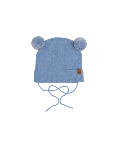 Light blue baby beanie with pom-pom ears and chin ties on white background