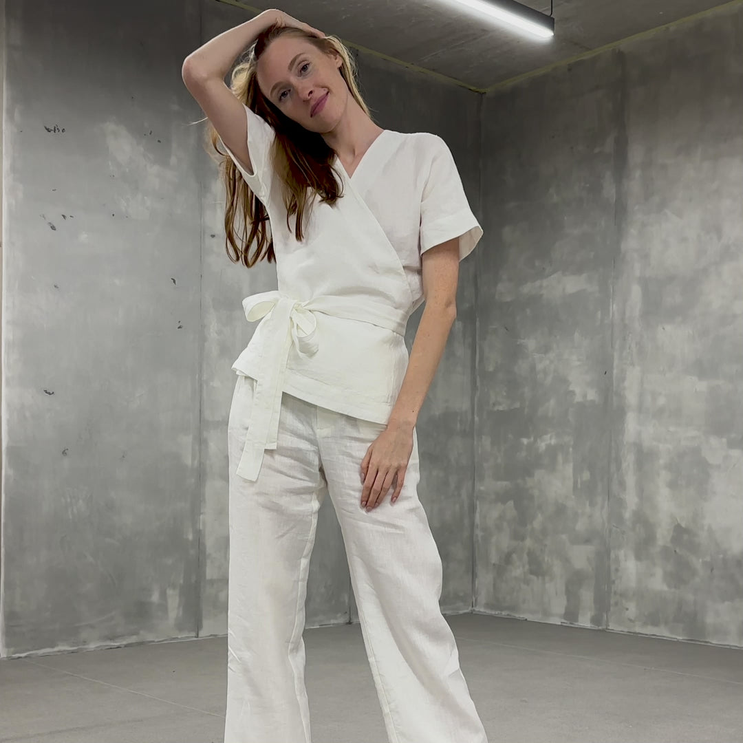 Linen Wrap Top & Wide Pants 2-Piece