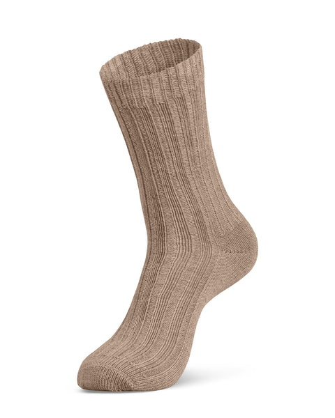 Women&#39;s beige ribbed merino wool sock – natural fiber comfort with temperature control and stretch fit.
