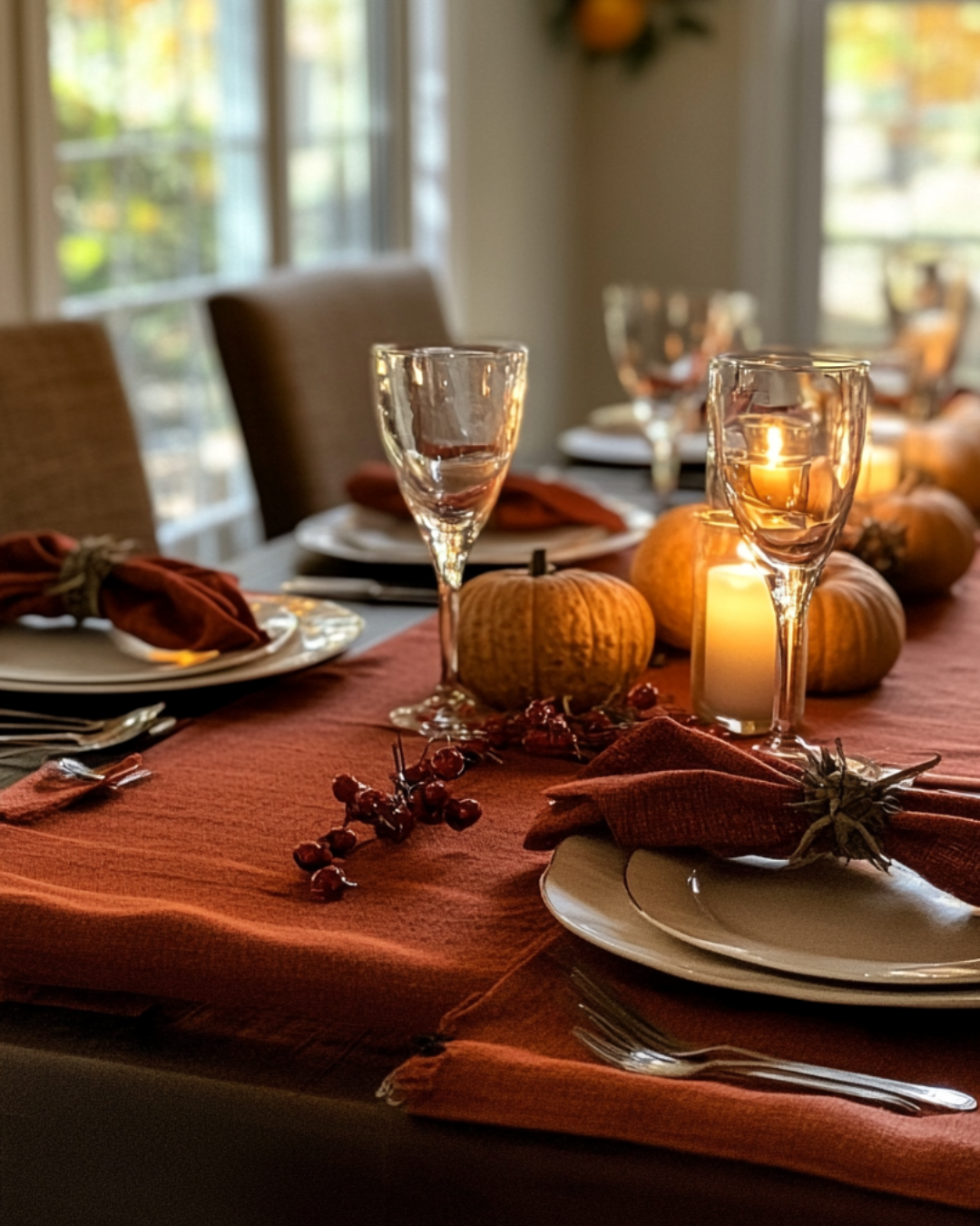 a thanksgiving table decorated with a cinnamon red table runner and coordinated napkins.