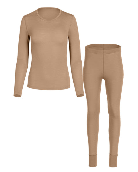 Beige women&#39;s long sleeve and bottoms set on a white background