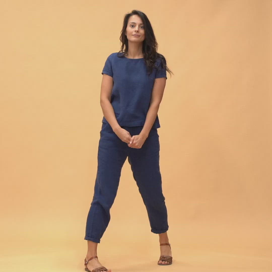 Linen T-Shirt Top Emma Storm Blue