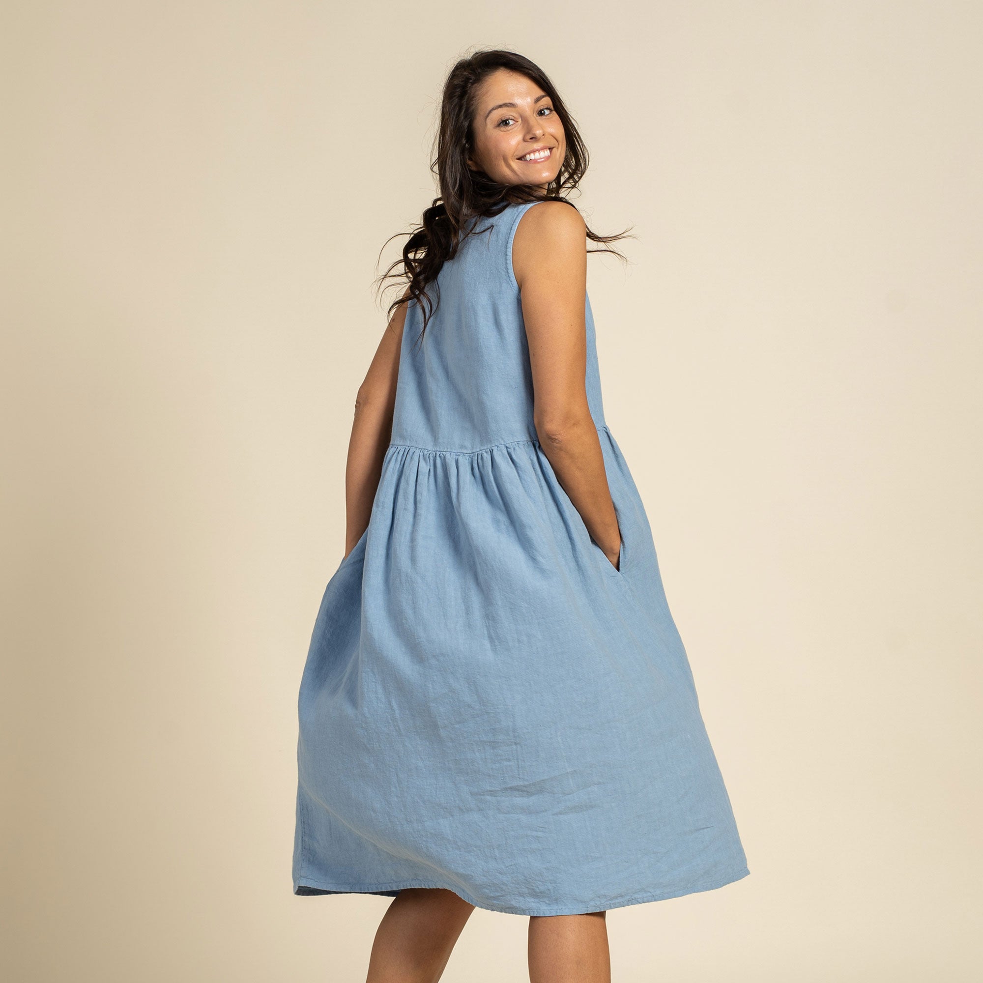 Linen Sleeveless Smock Dress Maya Cloudy Blue