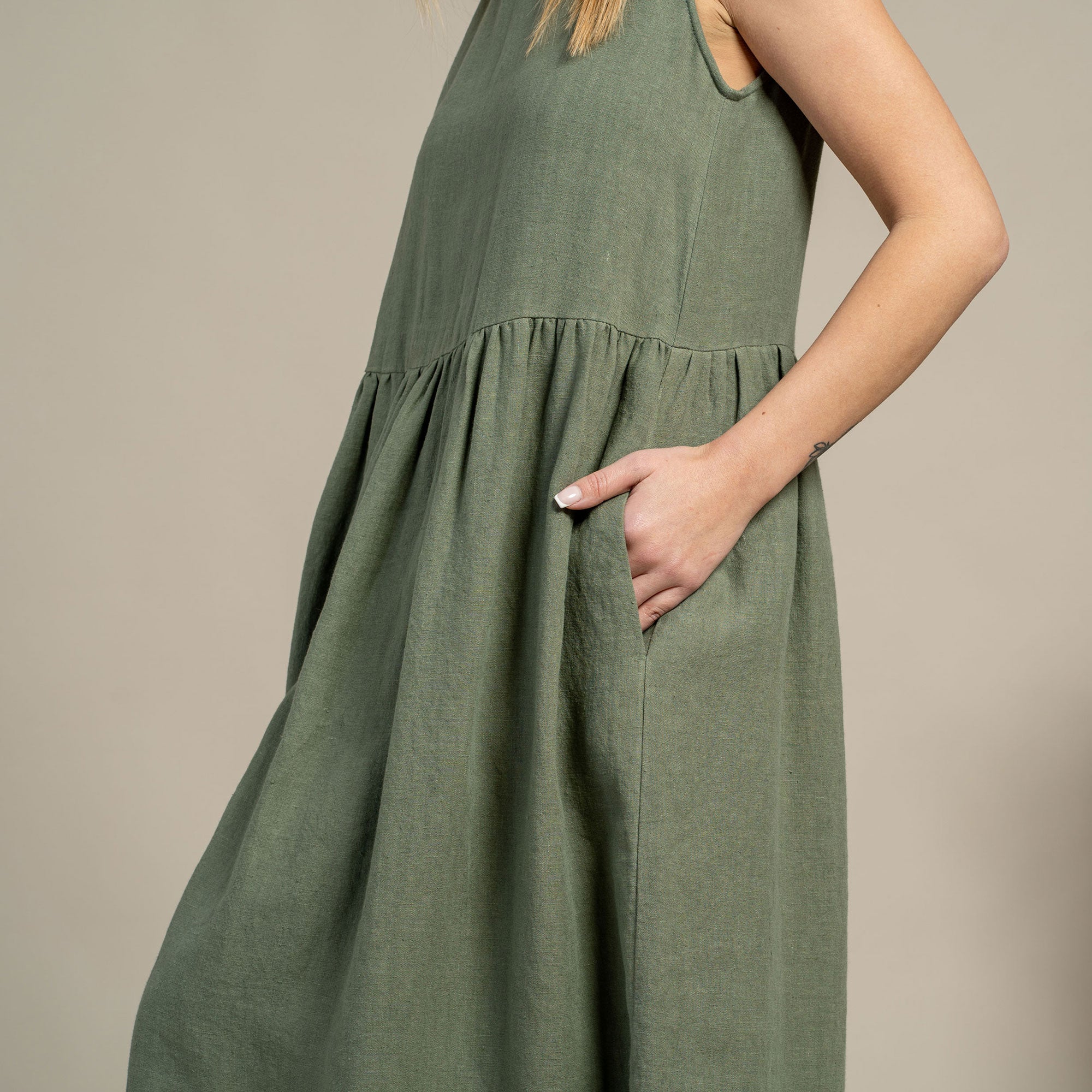 Linen Sleeveless Smock Dress Maya Stone Green