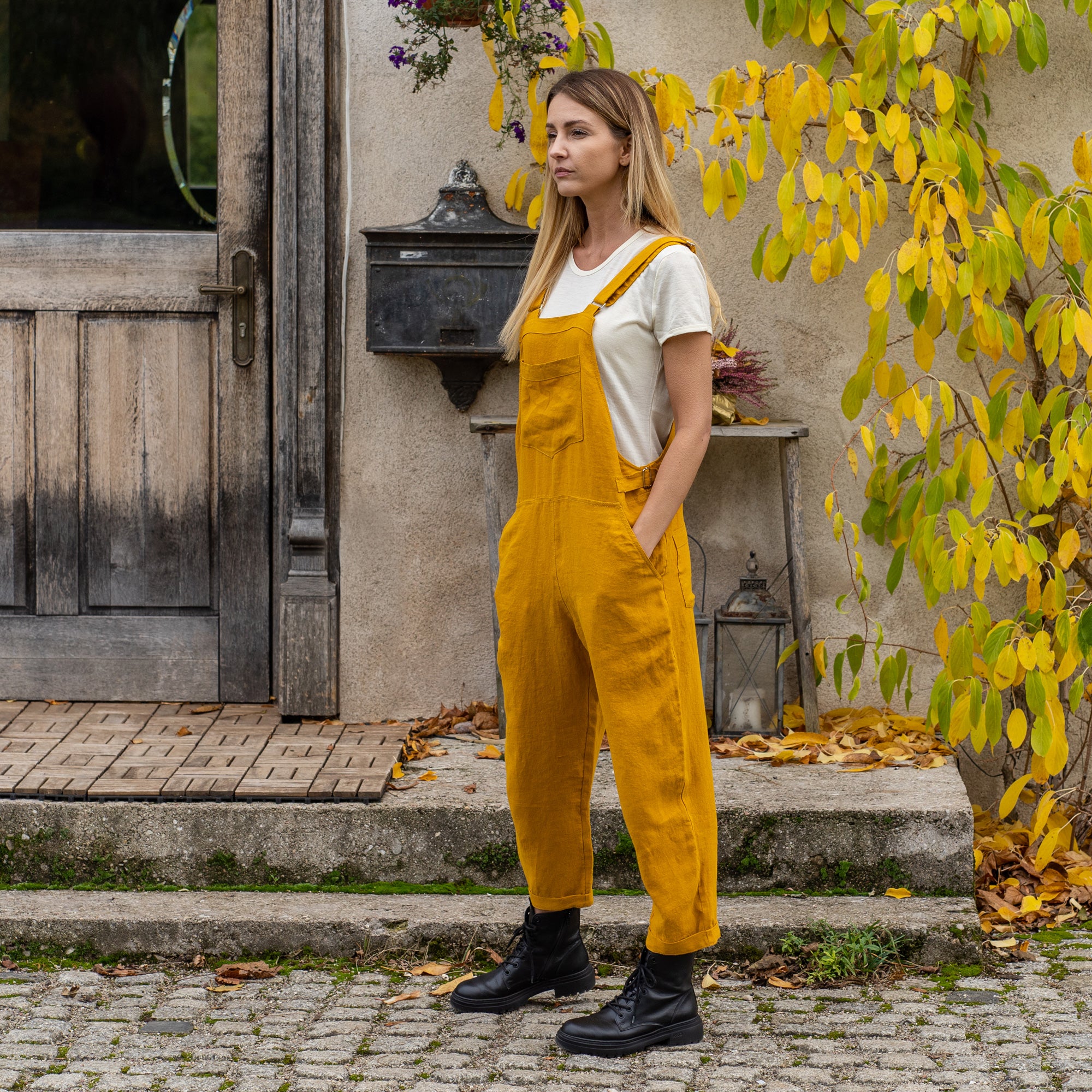 Linen Pinafore Jumpsuit Nicci Spicy Yellow