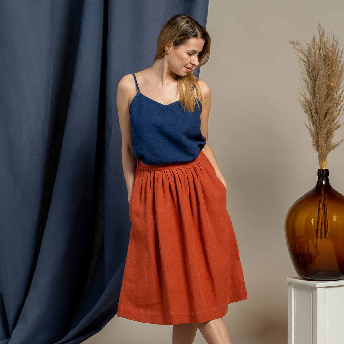 Linen skirt rust sale